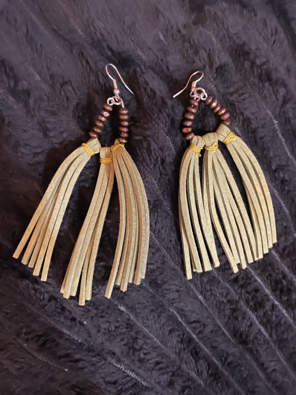 Olive Green Tassel Earrings with Wood Beads and a French hook